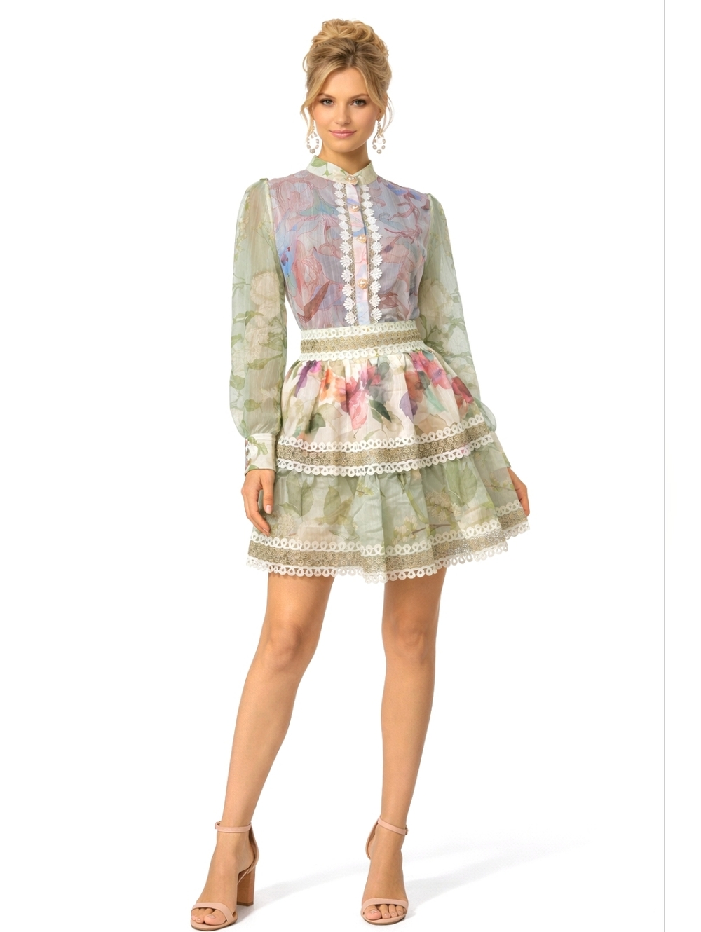 ANEWSTA Cottagecore Floral Lace Trim Skirt Set Sheer Blouse Mini L